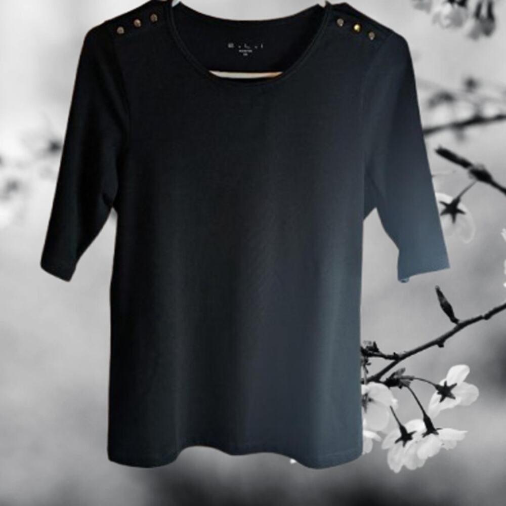 E.L.I. XS short sleeve button accent on shoulders black Pima cotton blend top.